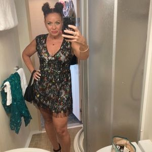 Beautiful multicolor mini w black lace overlay. Fringed bottom detail